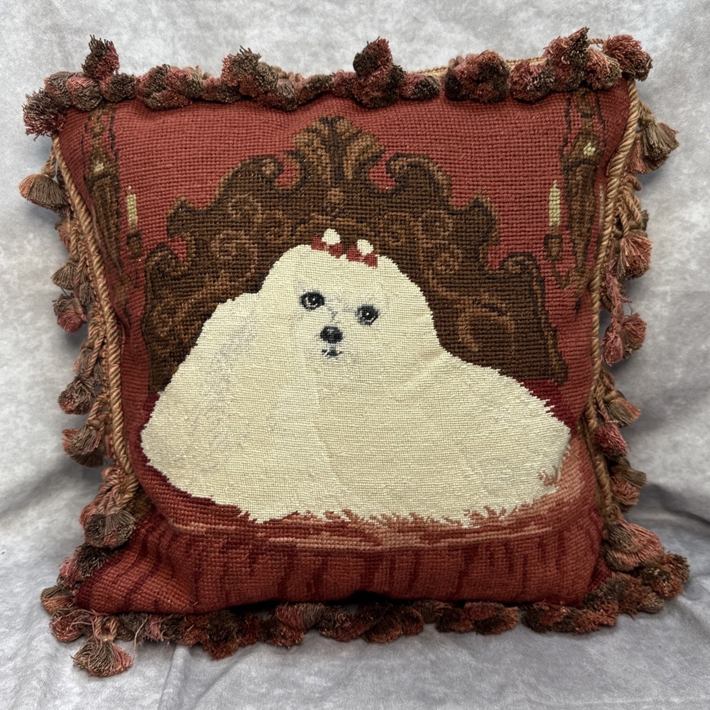 Vintage Handmade Needlepoint White Dog Maltese 15"x15" Red Tassels Throw‎ Pillow